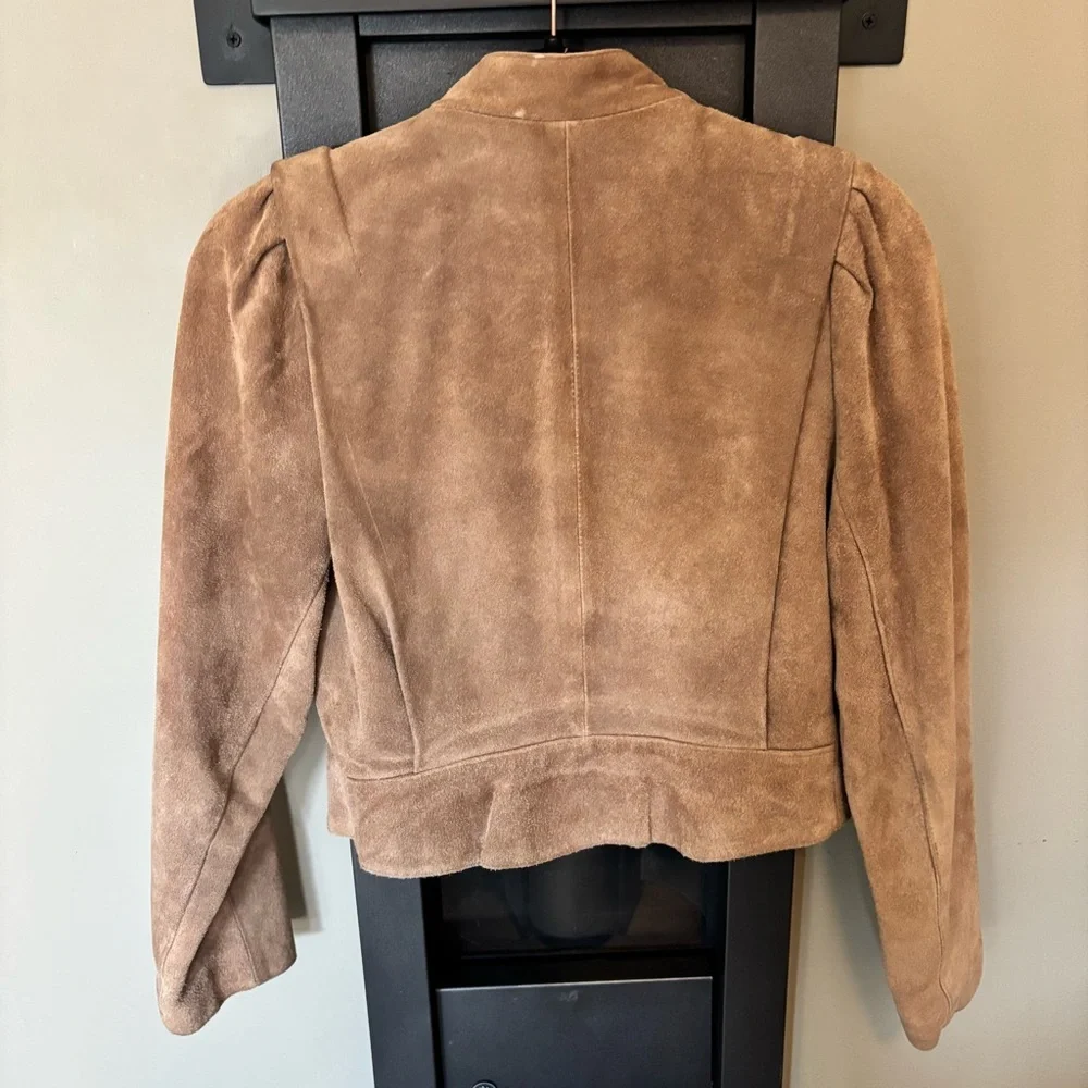 Vintage Le Soleil Suede Jacket Tan Puff Shoulder 80s Cropped Button Front​